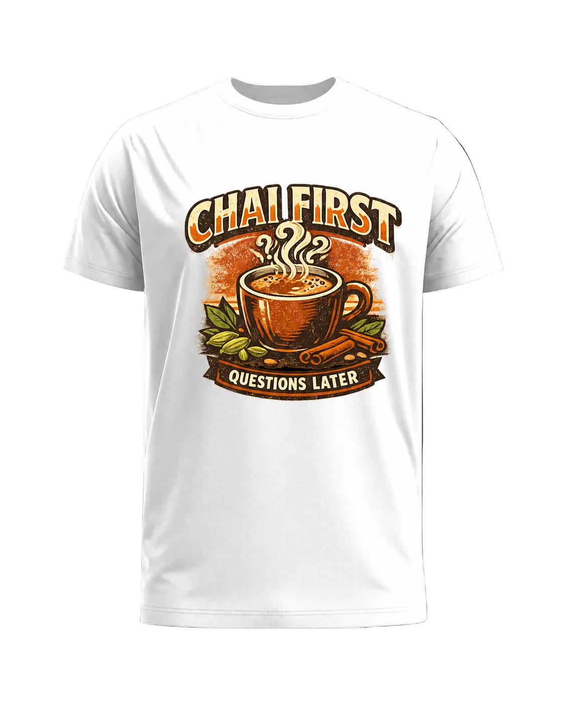Chai First Questions Later T-Shirt | Funny Chai Lover Retro Graphic Tee