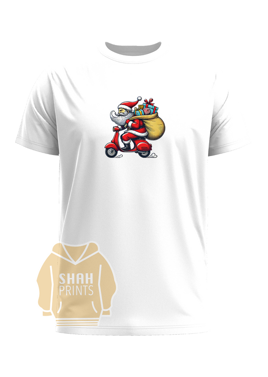 Santa on a Scooter Crew Neck T-Shirt